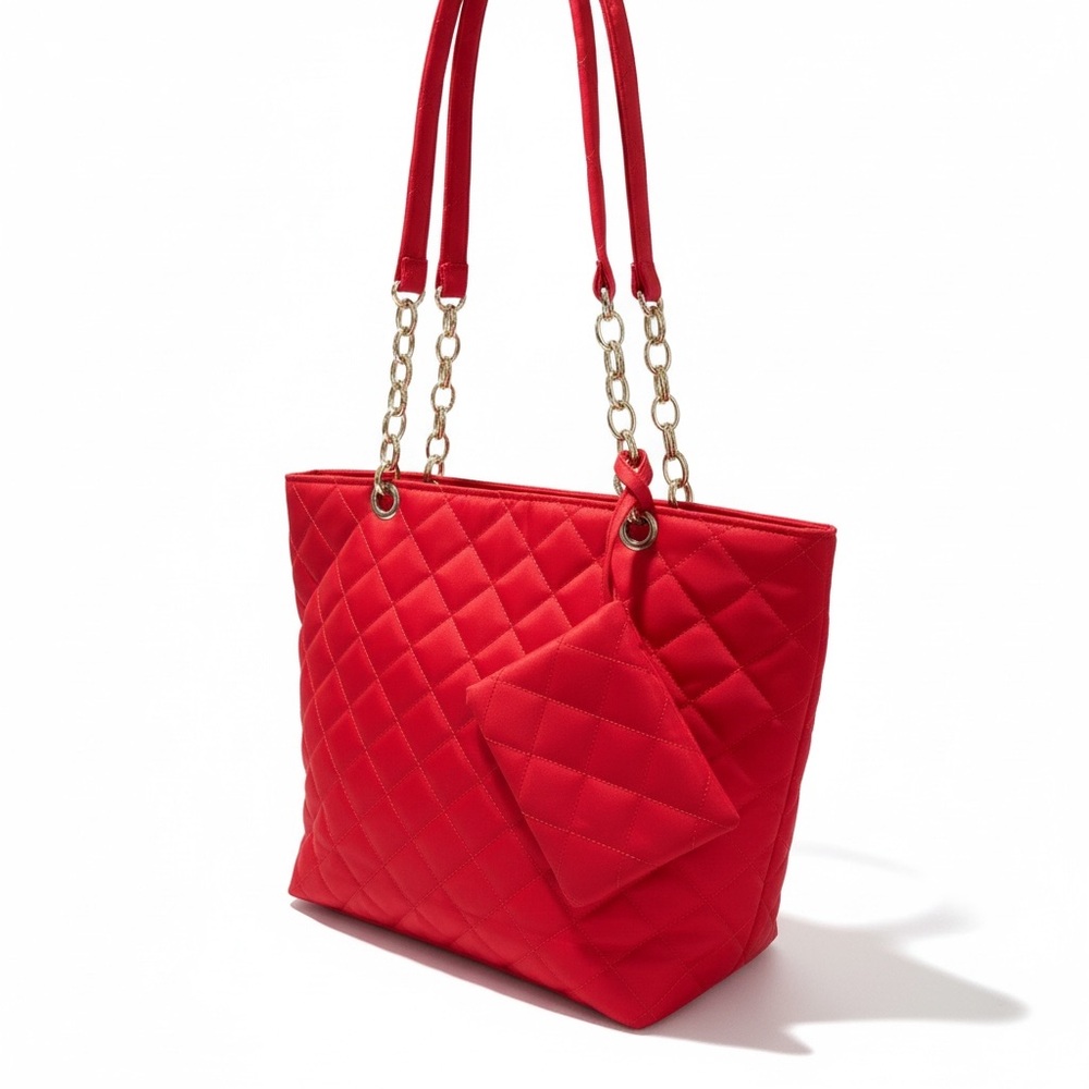 J Francis Red Quilted Tote Bag Gold Chain Straps with Matching Pouch